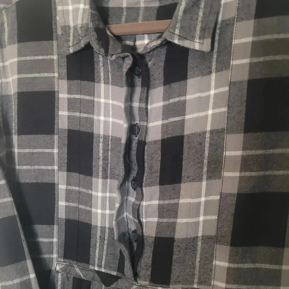 BEACH LUNCH LOUNGE women's black gray white plaid flannel pop over shirt dress L - Picture 10 of 10